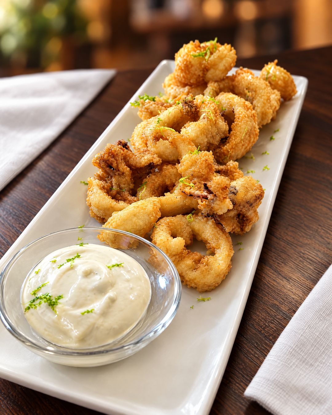 Calamars a la romana amb salsa blanca i ratlladura de llima